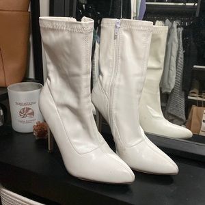 White faux leather pointed toe booties